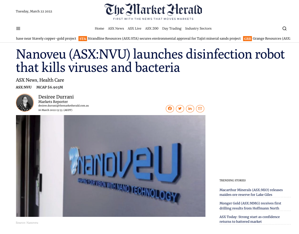 Nanoveu (ASX:NVU) launches disinfection robot that kills viruses and bacteria